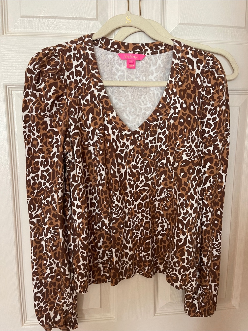 Lilly Pulitzer Brown and White Leopard Print V-Neck Long Sleeve Top